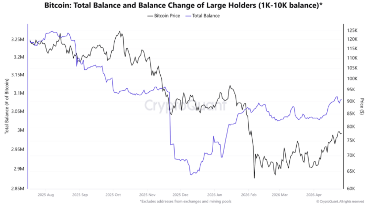 Saldo totale di BTC dei grandi detentori. Fonte: CryptoQuant